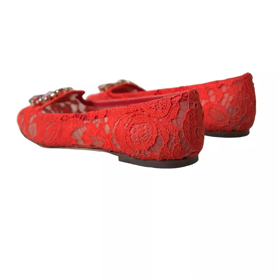 Dolce & Gabbana Rote Spitze Kristall Ballett Loafers Schuhe