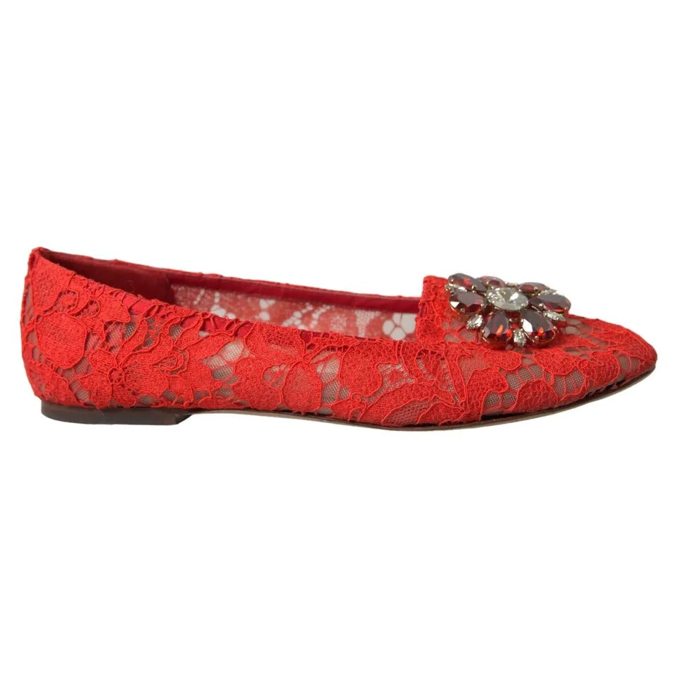 Dolce & Gabbana Rote Spitze Kristall Ballett Loafers Schuhe