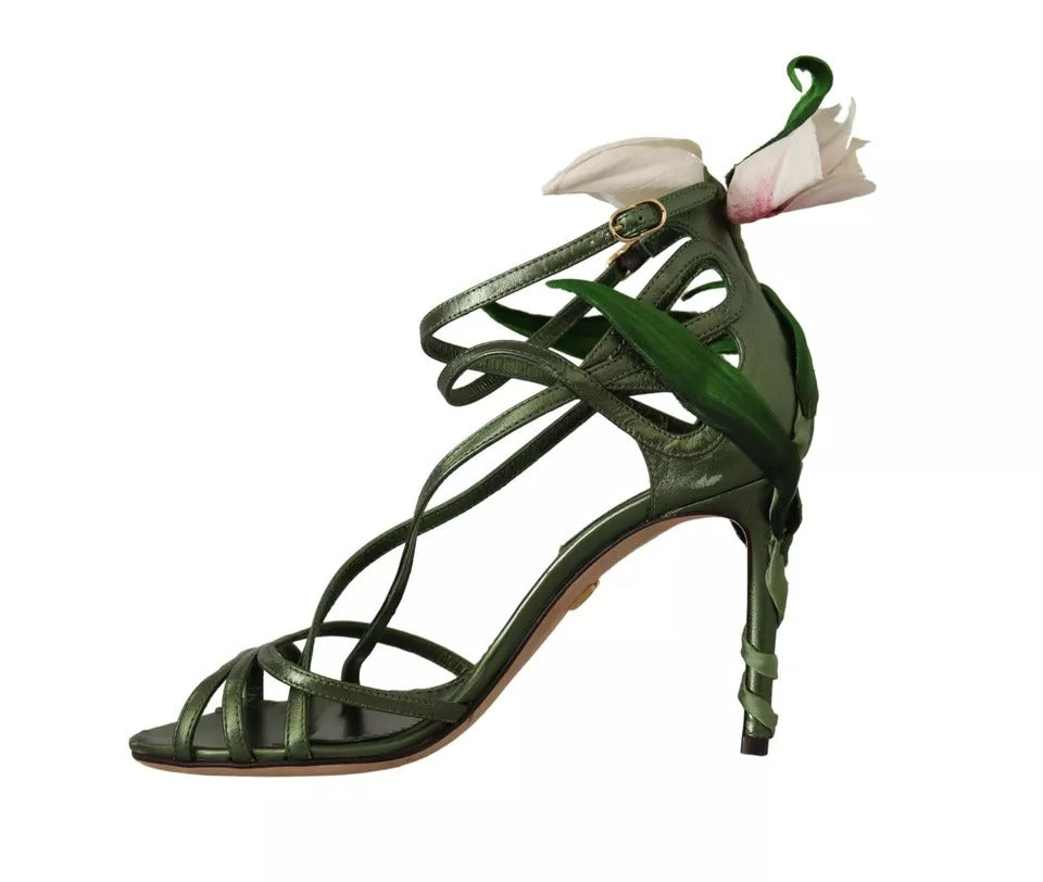 Dolce & Gabbana Acid Grün Leder Riemchen Blume Heels Sandalen Schuhe