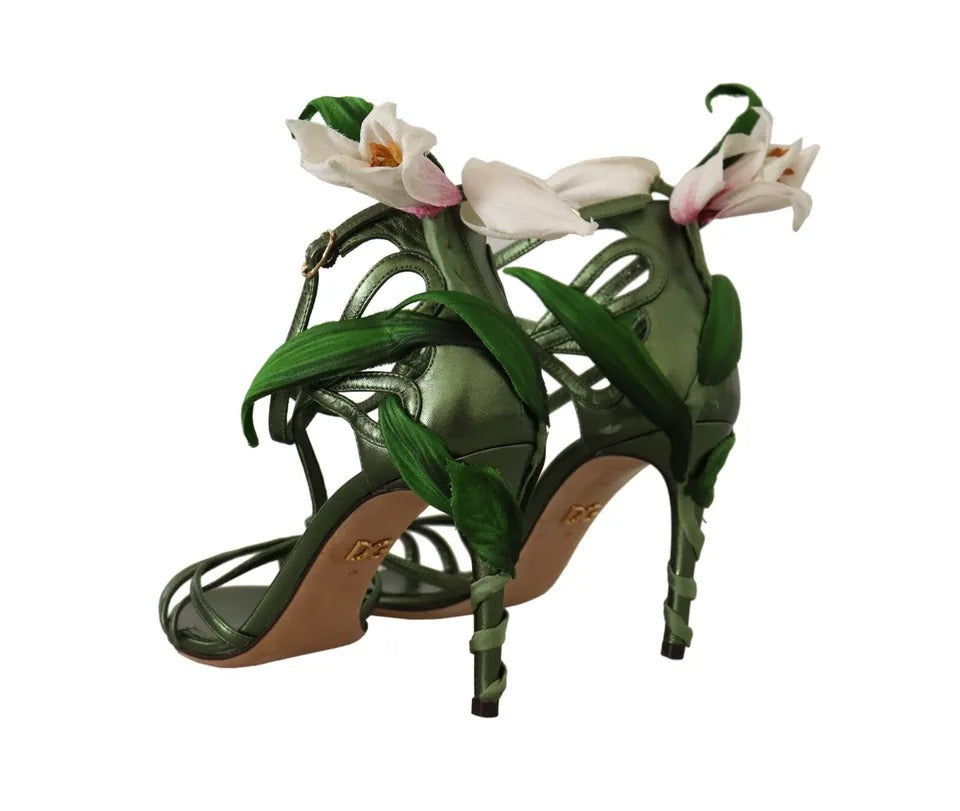 Dolce & Gabbana Acid Grün Leder Riemchen Blume Heels Sandalen Schuhe