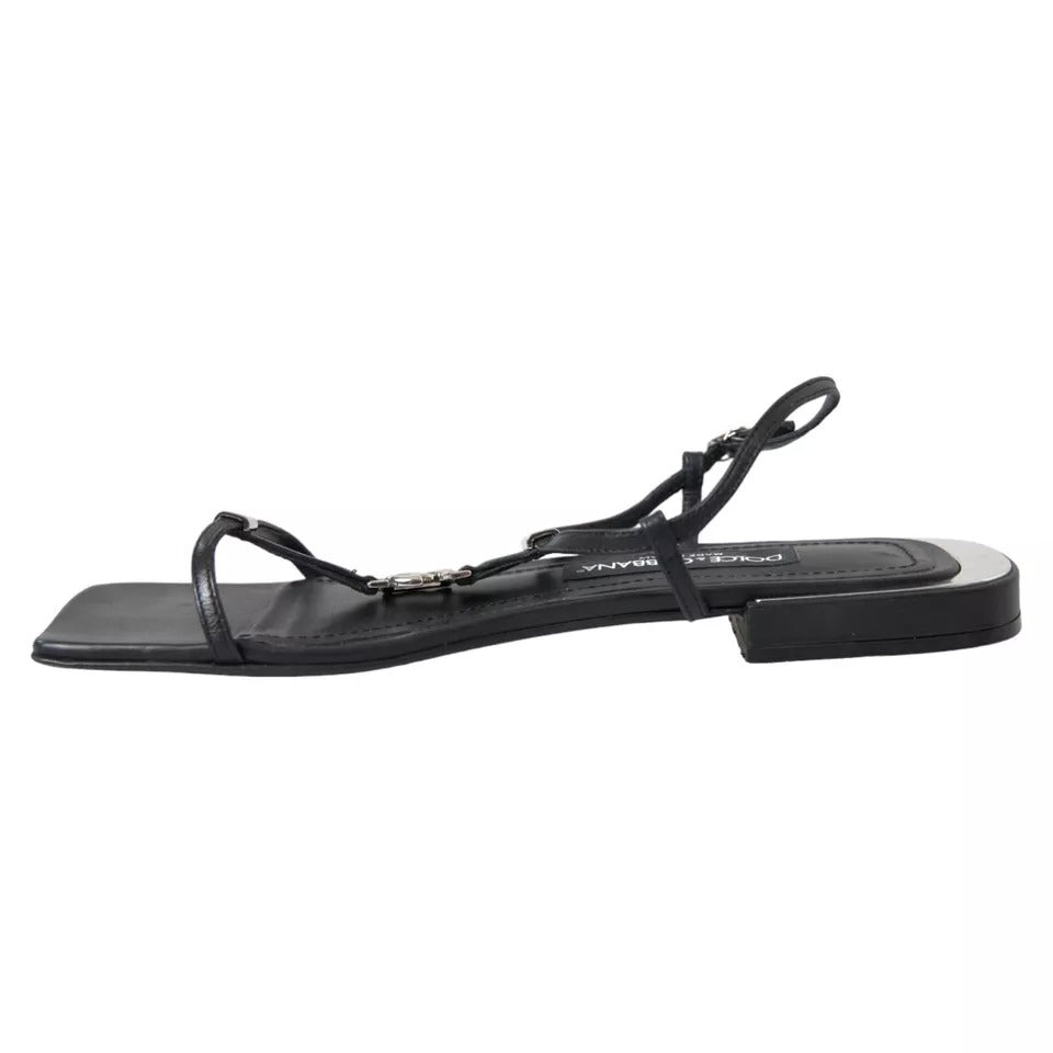 Dolce & Gabbana Schwarzes Leder DG Logo Flats Sandalen Schuhe