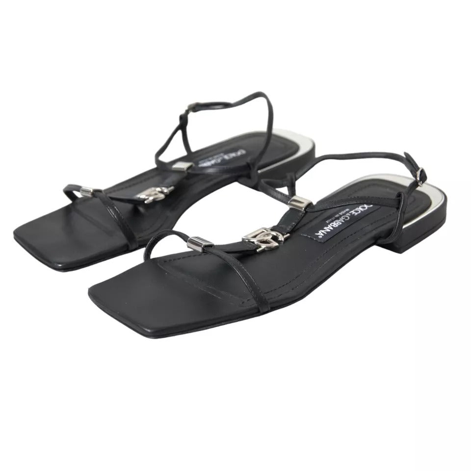 Dolce & Gabbana Schwarzes Leder DG Logo Flats Sandalen Schuhe