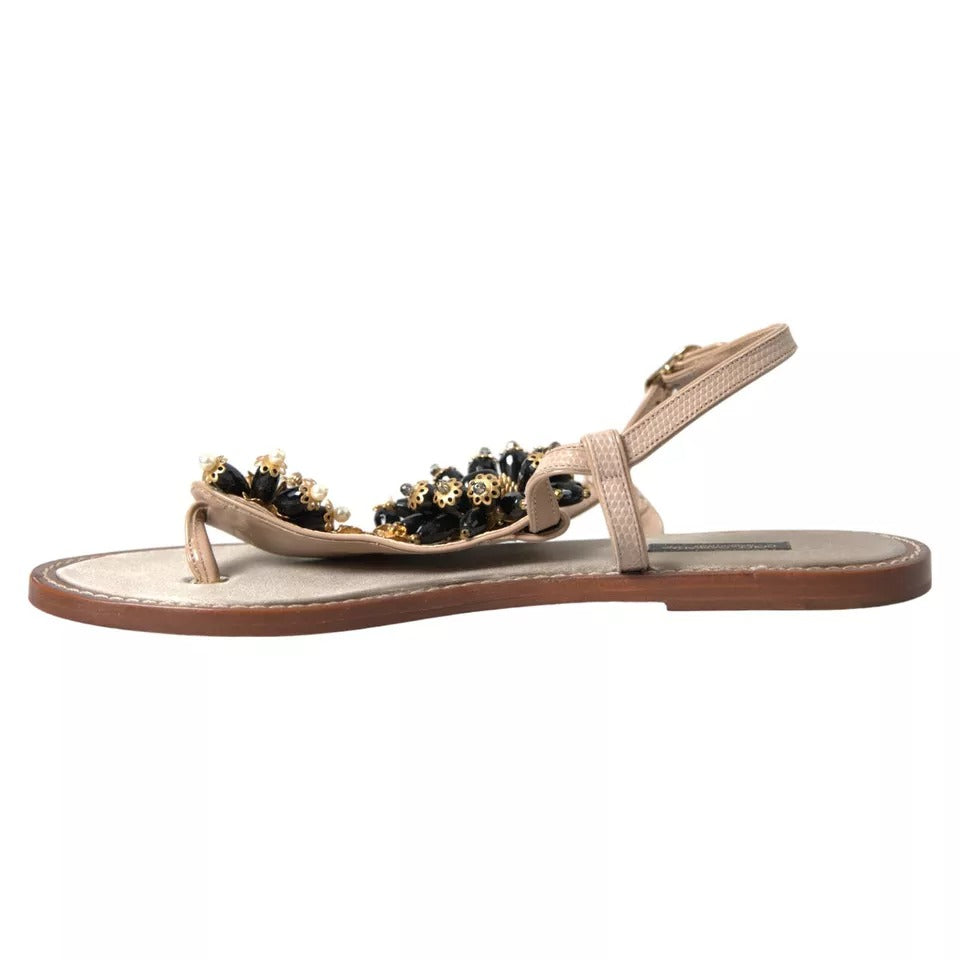 Dolce & Gabbana Beige Satin Gold Perlen Flats Slides Sandalen Schuhe