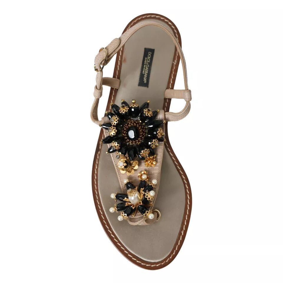 Dolce & Gabbana Beige Satin Gold Perlen Flats Slides Sandalen Schuhe