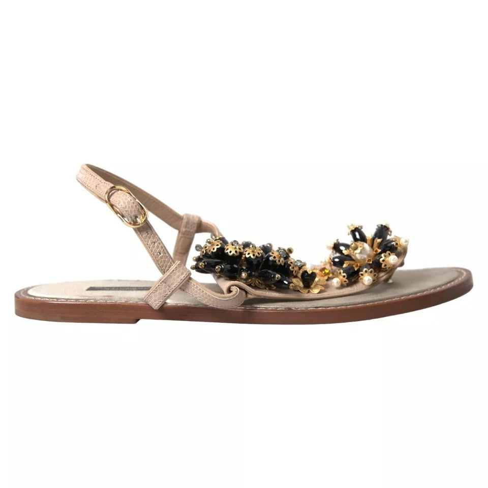 Dolce & Gabbana Beige Satin Gold Perlen Flats Slides Sandalen Schuhe