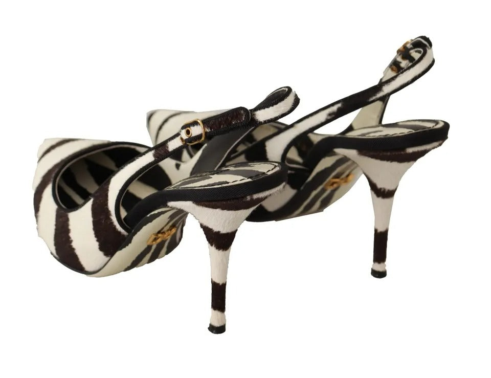 Dolce & Gabbana Schwarz Weiß Zebra Leder Heels Slingback Schuhe