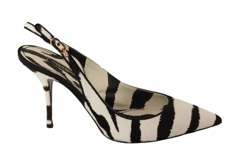 Dolce & Gabbana Schwarz Weiß Zebra Leder Heels Slingback Schuhe