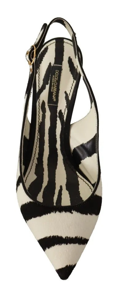 Dolce & Gabbana Schwarz Weiß Zebra Leder Heels Slingback Schuhe