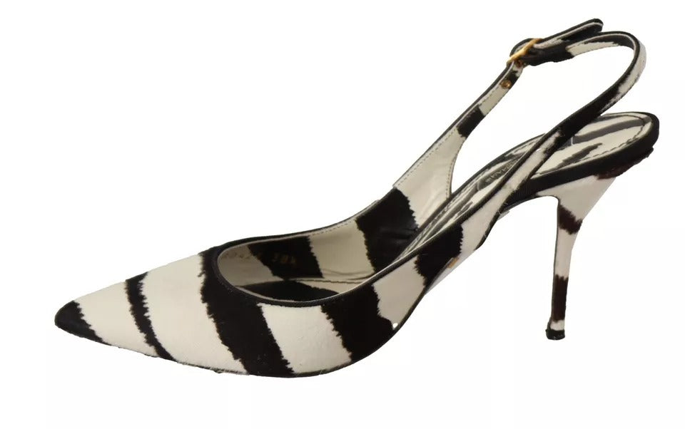 Dolce & Gabbana Schwarz Weiß Zebra Leder Heels Slingback Schuhe