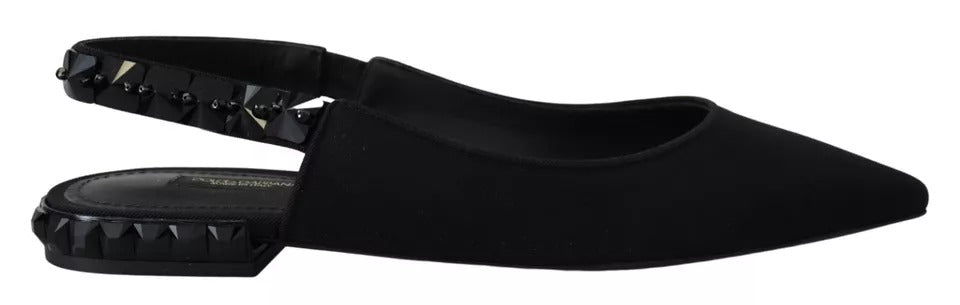 Dolce & Gabbana Schwarze Flats Kristall Slingback Charmeuse Schuhe