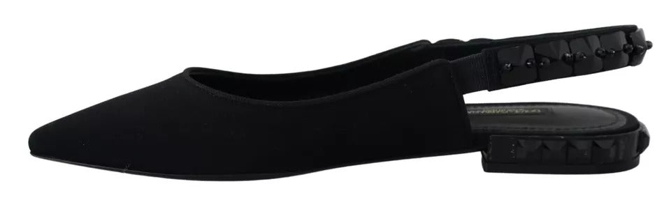 Dolce & Gabbana Schwarze Flats Kristall Slingback Charmeuse Schuhe