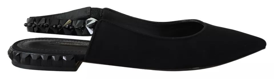 Dolce & Gabbana Schwarze Flats Kristall Slingback Charmeuse Schuhe