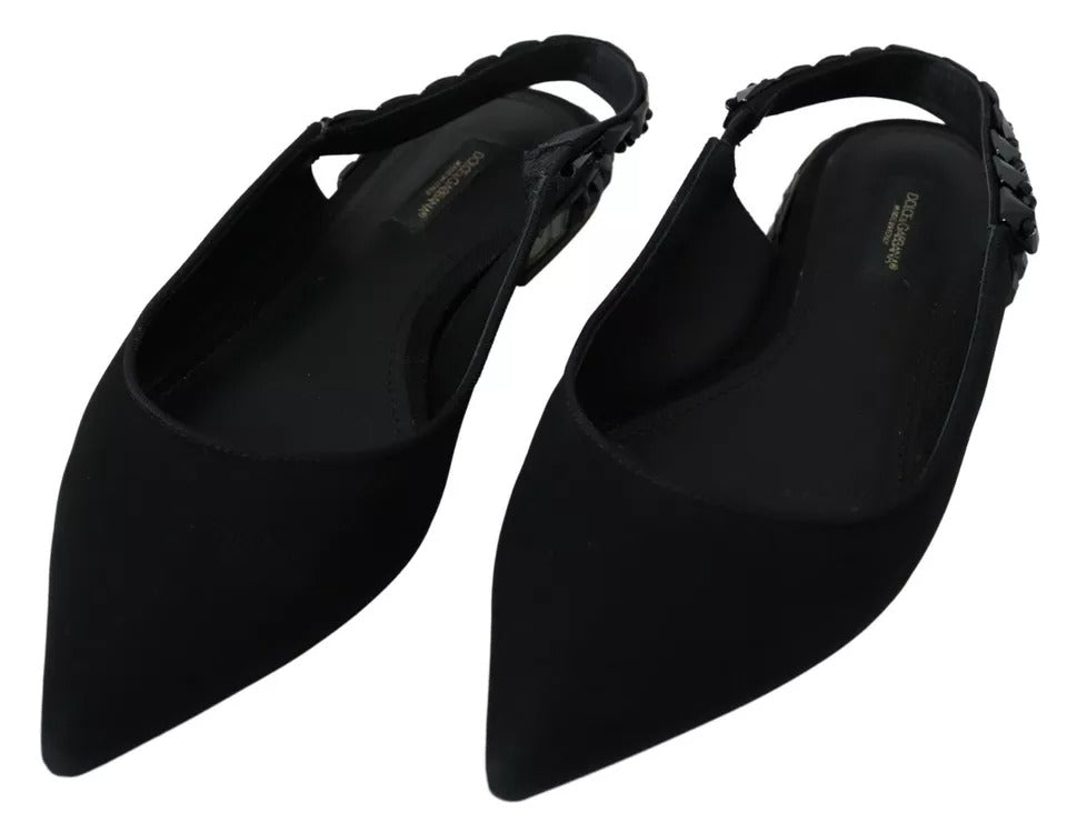 Dolce & Gabbana Schwarze Flats Kristall Slingback Charmeuse Schuhe