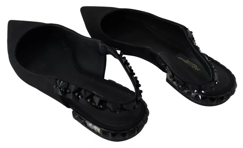 Dolce & Gabbana Schwarze Flats Kristall Slingback Charmeuse Schuhe