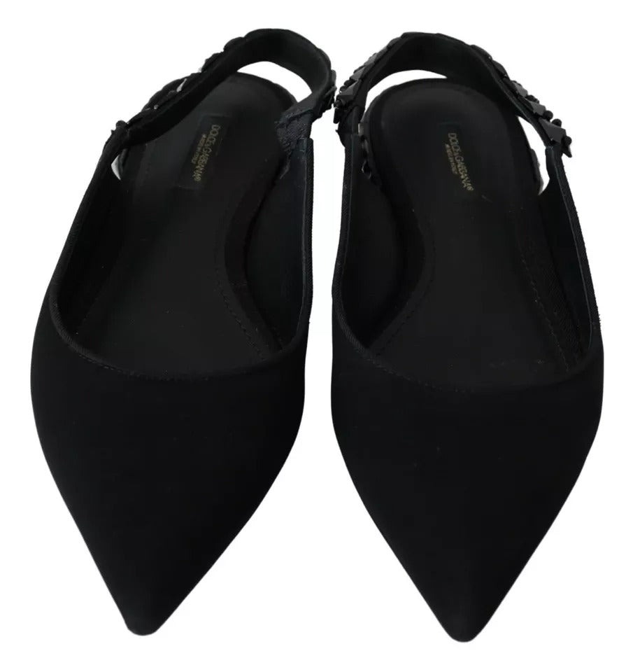 Dolce & Gabbana Schwarze Flats Kristall Slingback Charmeuse Schuhe