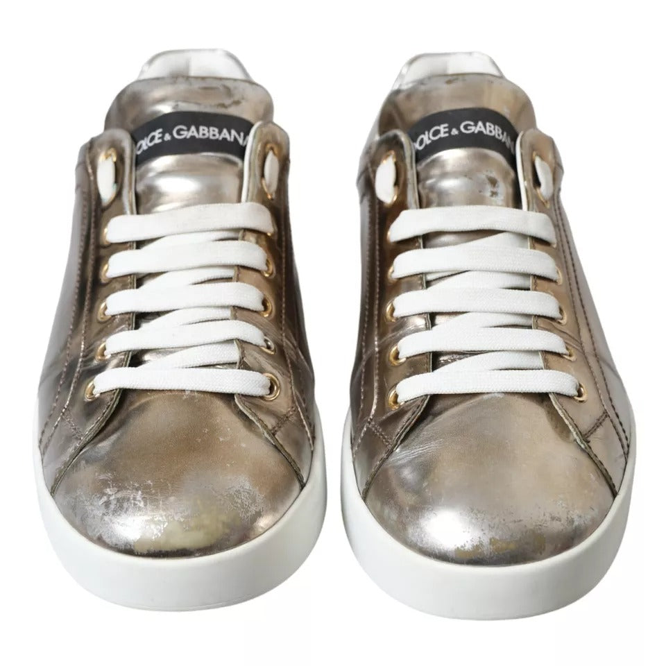 Dolce & Gabbana Bronze Leder Logo Sneaker Portofino Schuhe