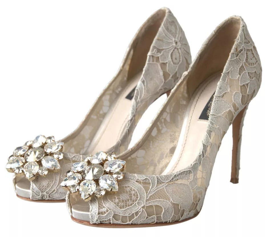 Dolce & Gabbana Weiß Taormina Spitze Kristall Heels Pumps Schuhe