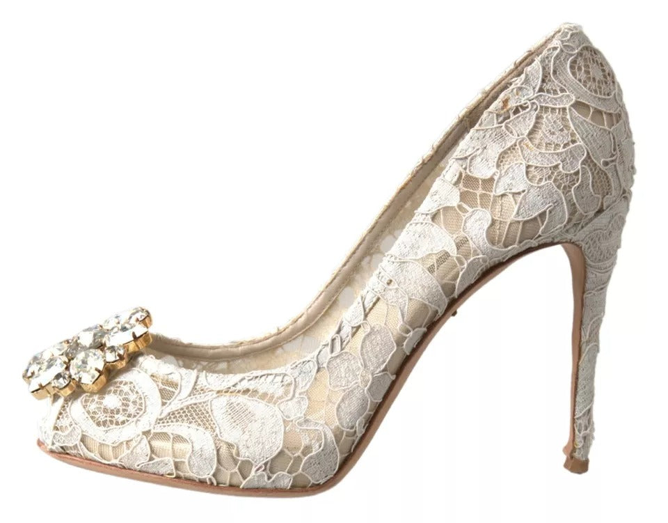 Dolce & Gabbana Weiß Taormina Spitze Kristall Heels Pumps Schuhe