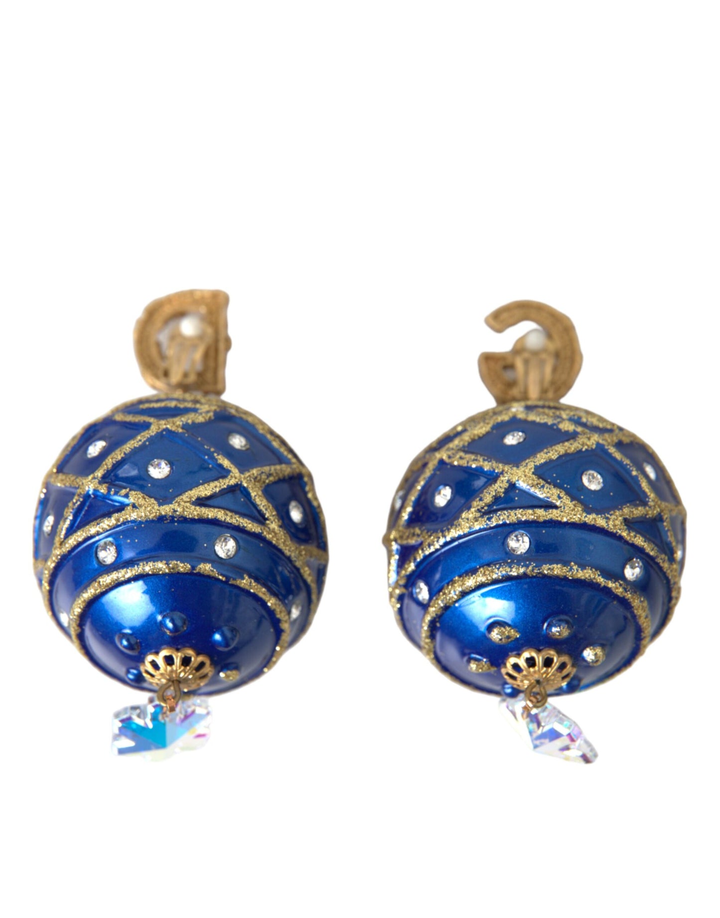 Dolce & Gabbana Gold Messing Blau Dangle Weihnachten Ball Crystal Clip auf Ohrringe