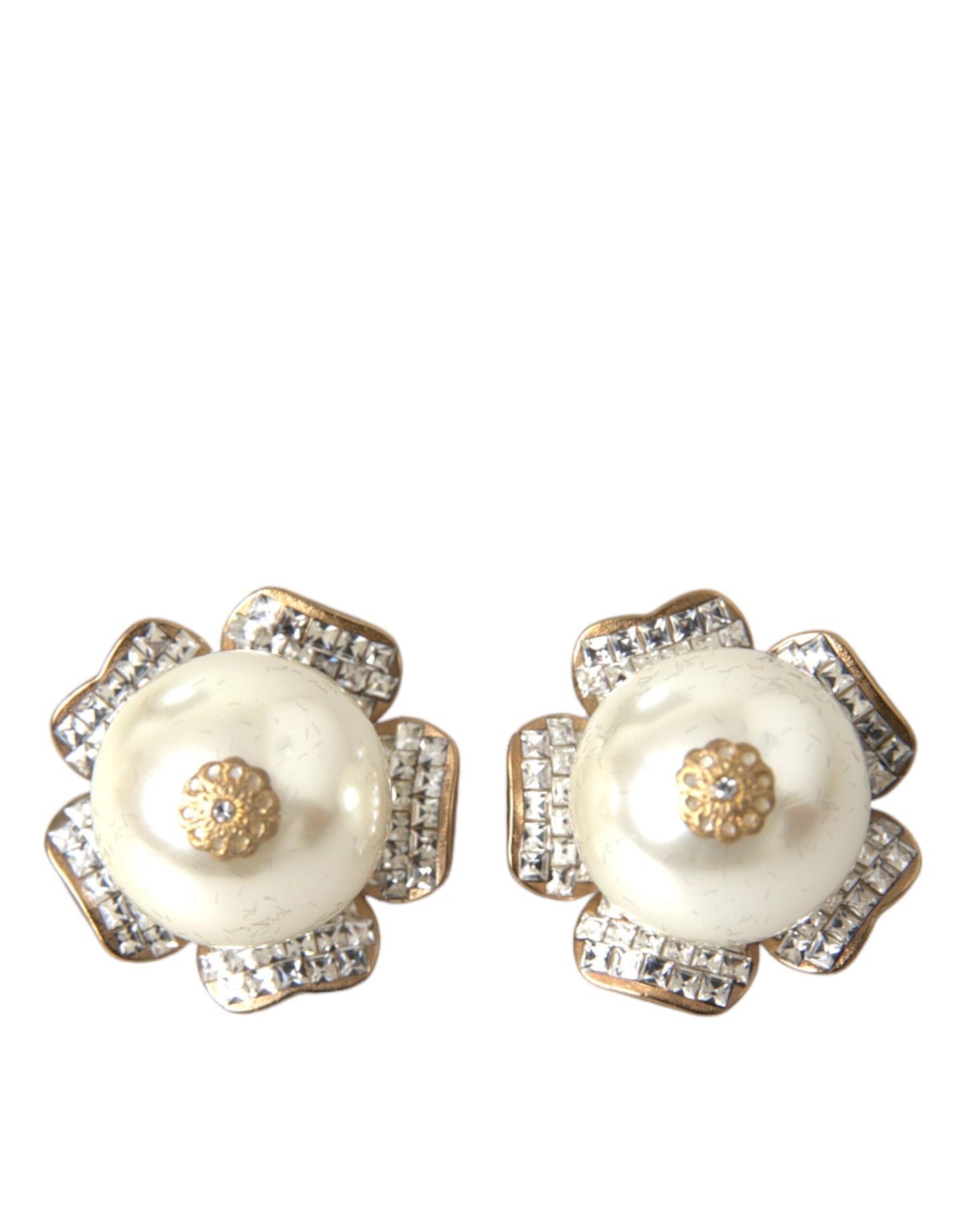 Dolce & Gabbana Goldfarbene Maxi Faux Pearl Floral Clip-on-Schmuck-Ohrringe