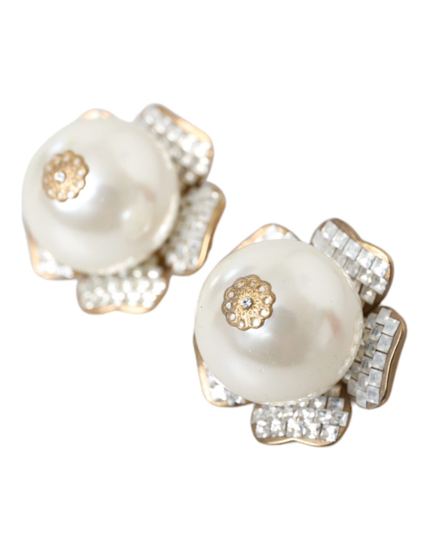 Dolce & Gabbana Goldfarbene Maxi Faux Pearl Floral Clip-on-Schmuck-Ohrringe