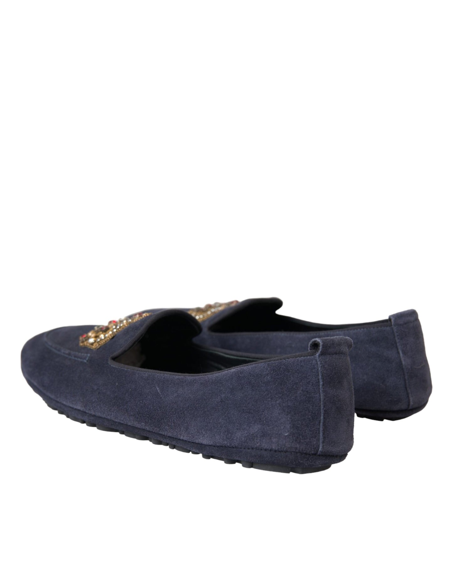 Dolce & Gabbana Blaue Leder Wildleder Crystal Crown Loafers Schuhe