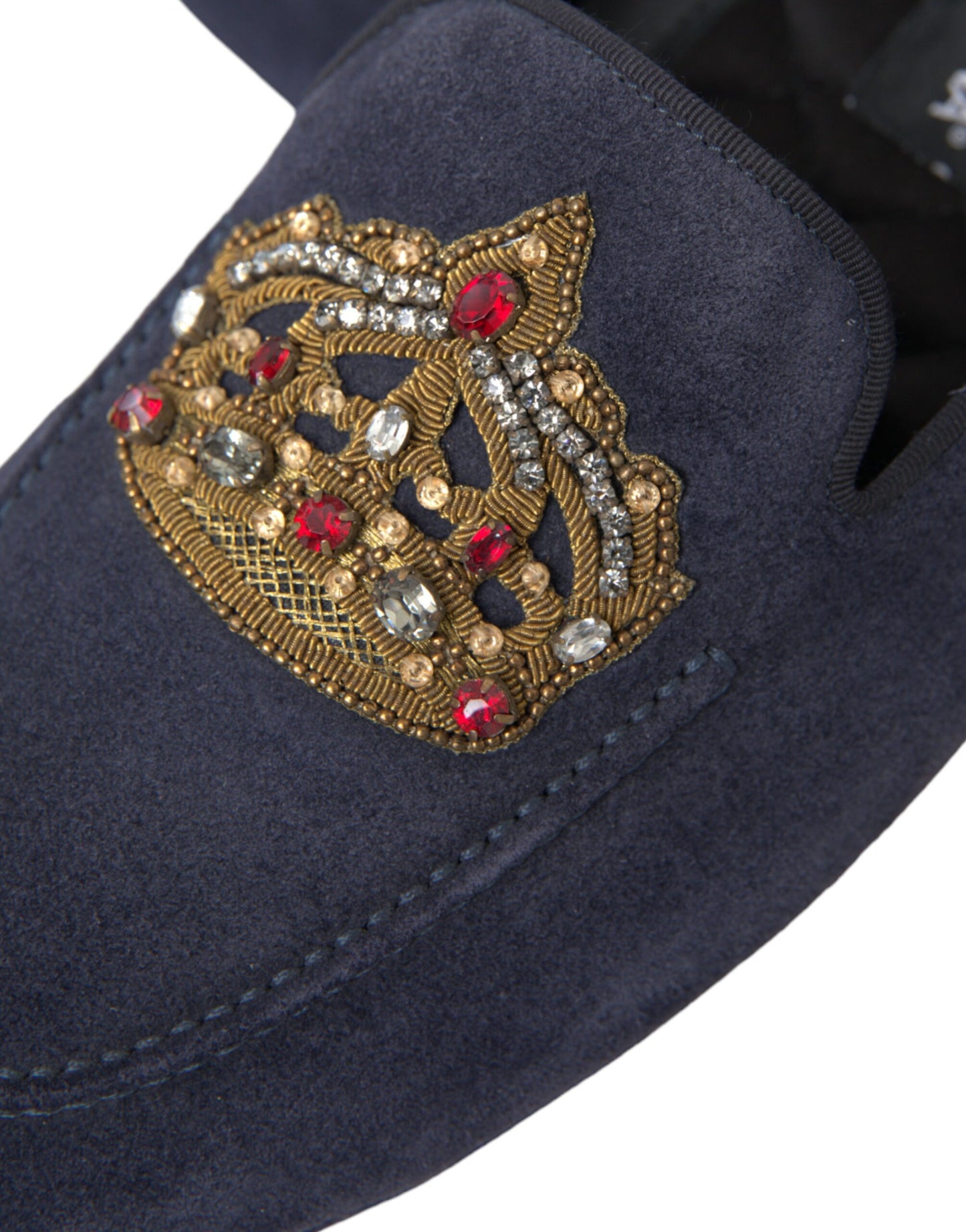 Dolce & Gabbana Blaue Leder Wildleder Crystal Crown Loafers Schuhe