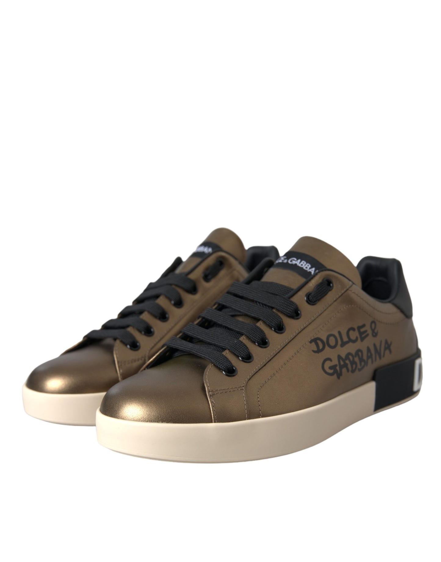 Dolce & Gabbana Gold Schwarz Portofino Kalbsleder Sneakers Schuhe