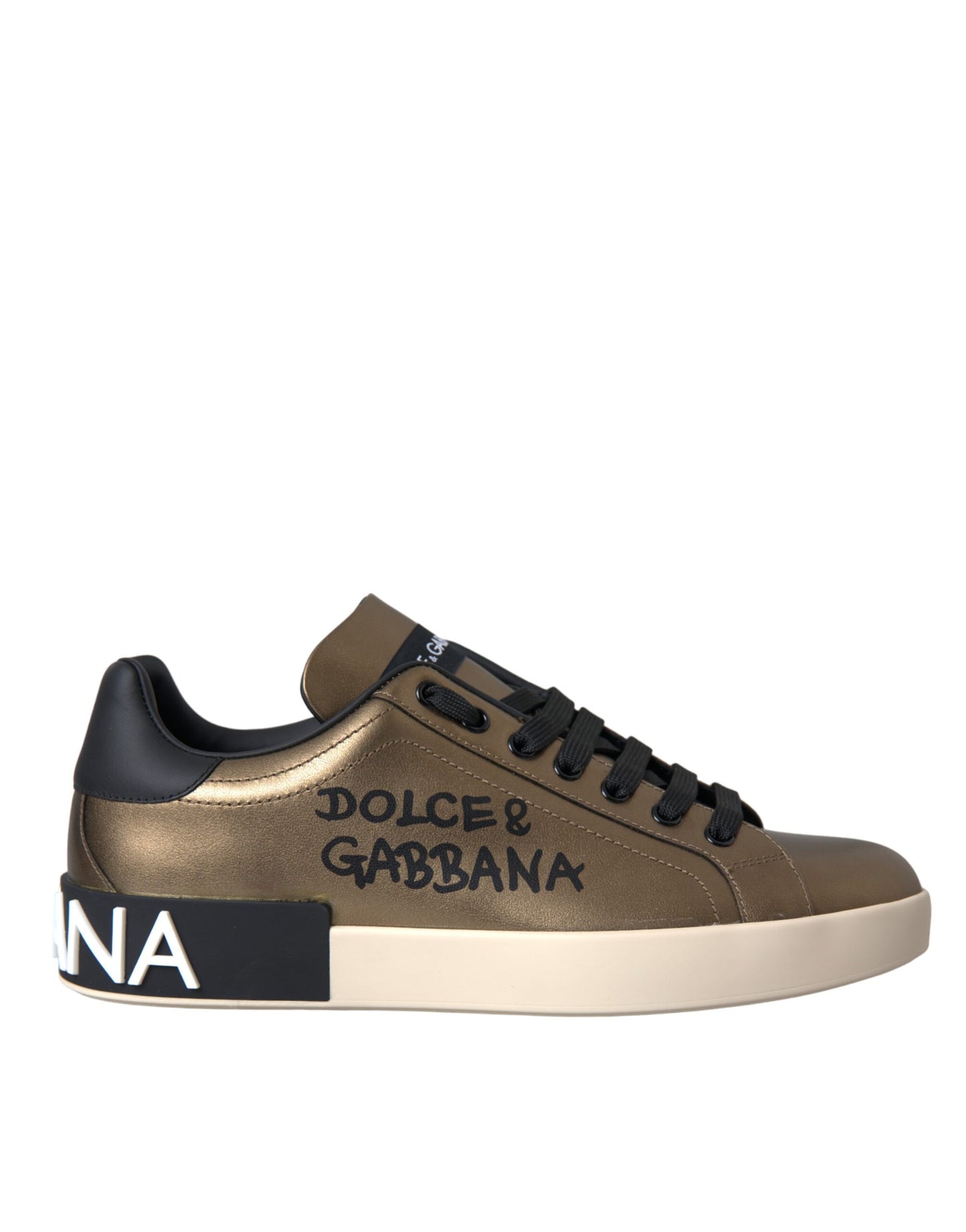 Dolce & Gabbana Gold Schwarz Portofino Kalbsleder Sneakers Schuhe