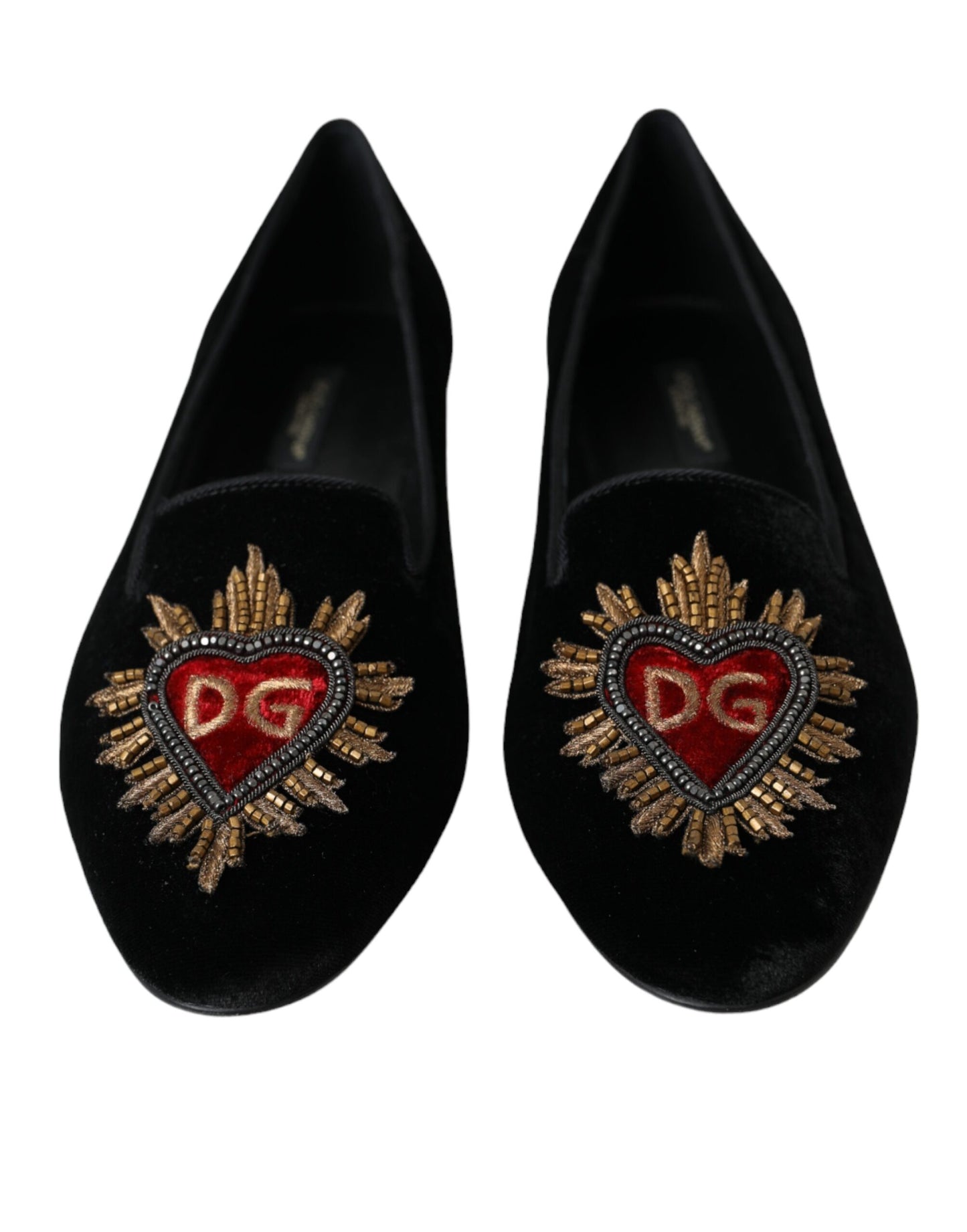 Dolce & Gabbana Schwarzer Samt DG Heart Loafers Flats Schuhe