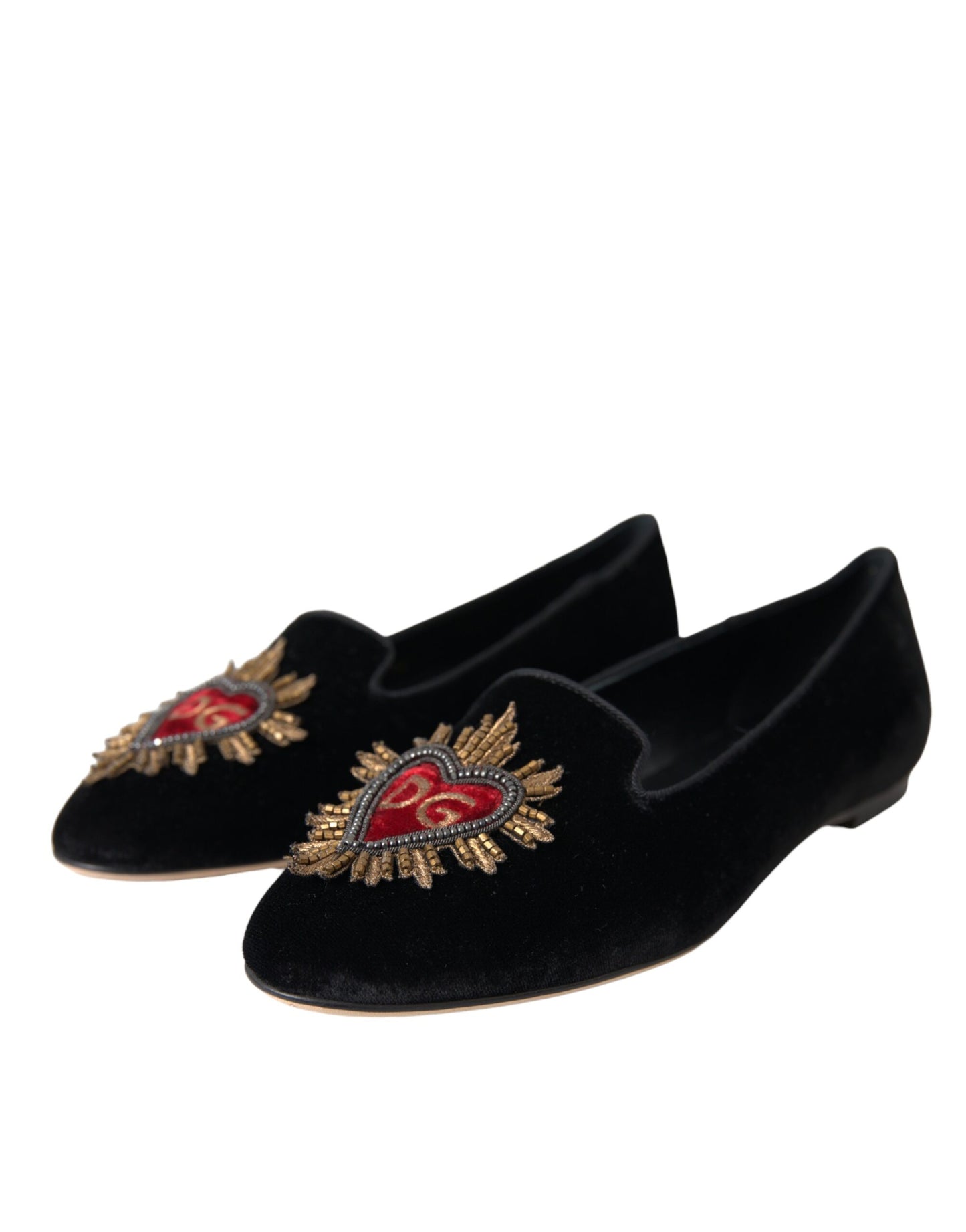 Dolce & Gabbana Schwarzer Samt DG Heart Loafers Flats Schuhe