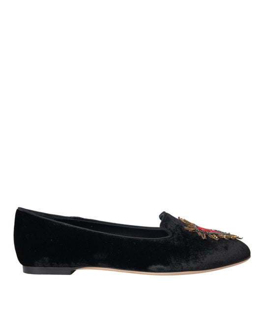 Dolce & Gabbana Schwarzer Samt DG Heart Loafers Flats Schuhe