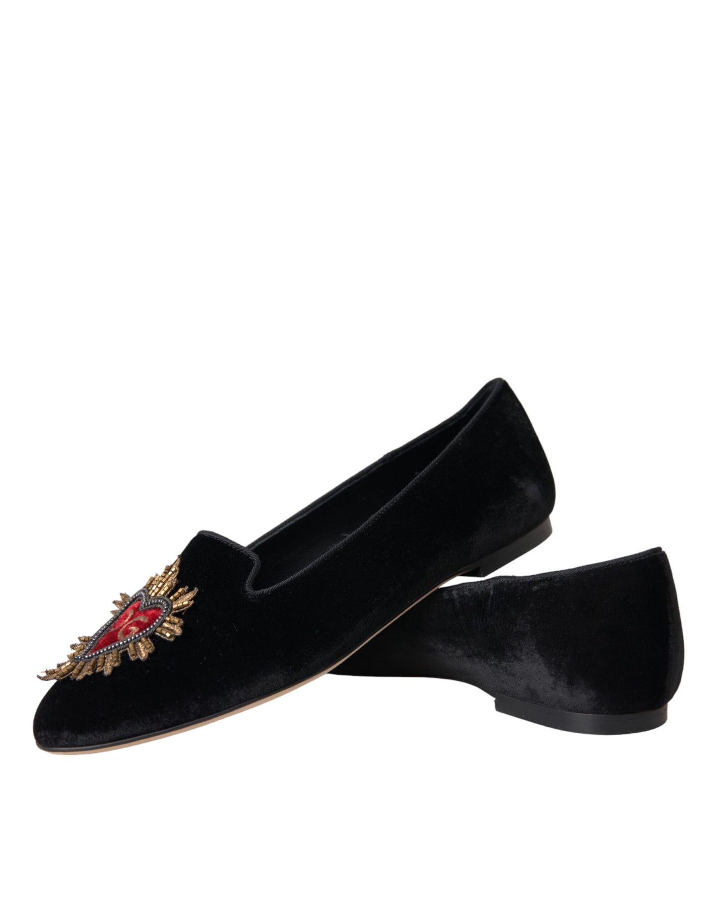 Dolce & Gabbana Schwarzer Samt DG Heart Loafers Flats Schuhe