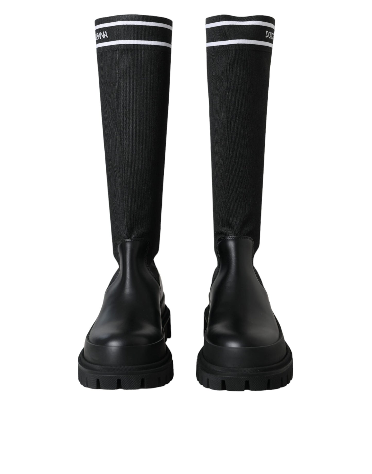 Dolce & Gabbana Schwarze Leder Stretch Jersey Stiefel Schuhe