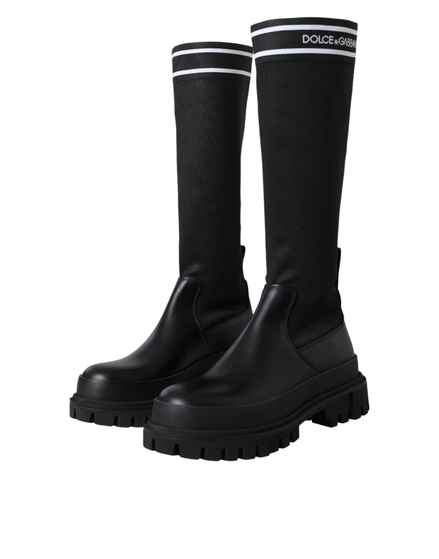 Dolce & Gabbana Schwarze Leder Stretch Jersey Stiefel Schuhe