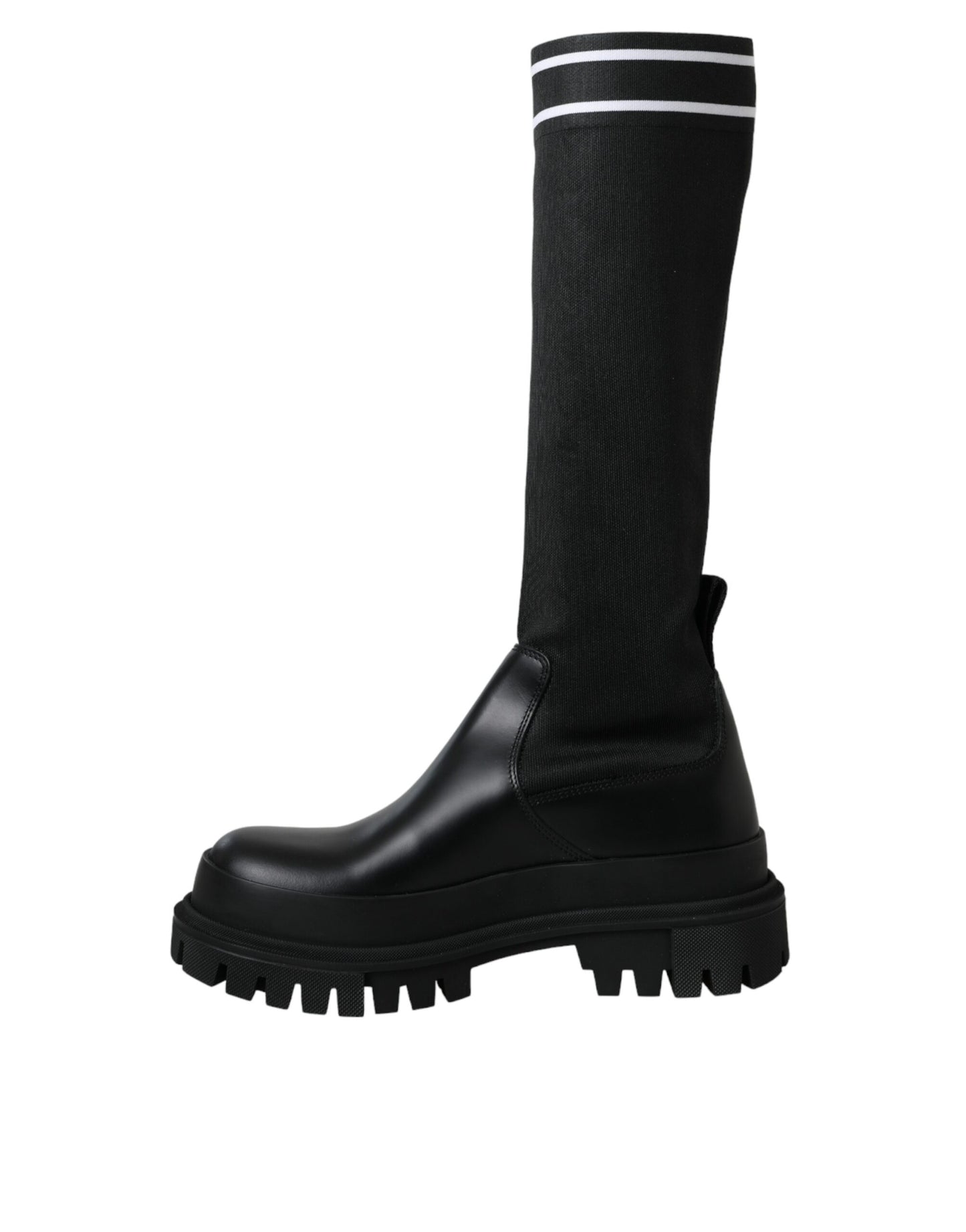 Dolce & Gabbana Schwarze Leder Stretch Jersey Stiefel Schuhe