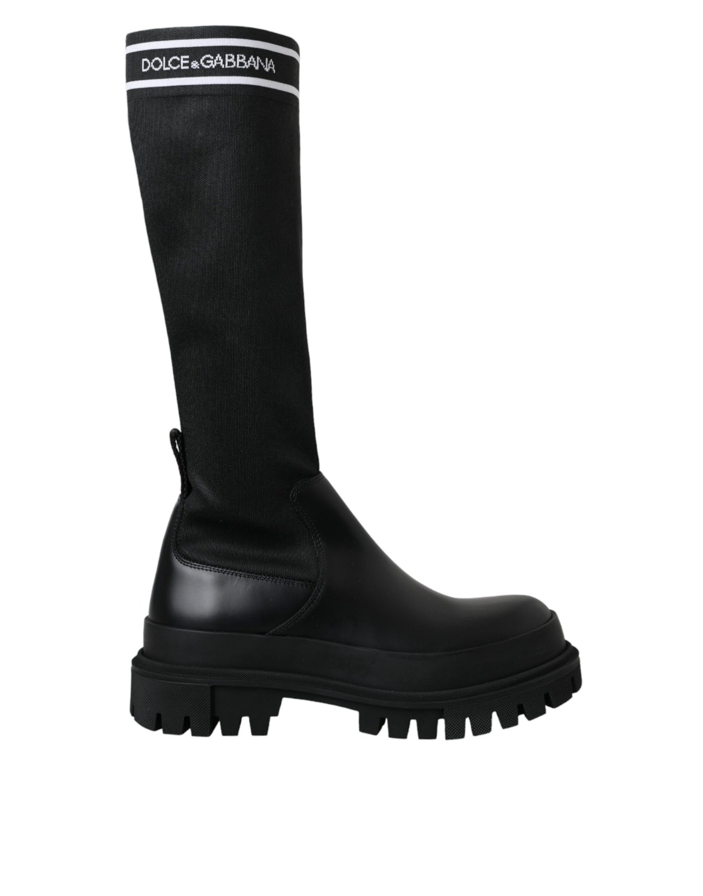 Dolce & Gabbana Schwarze Leder Stretch Jersey Stiefel Schuhe