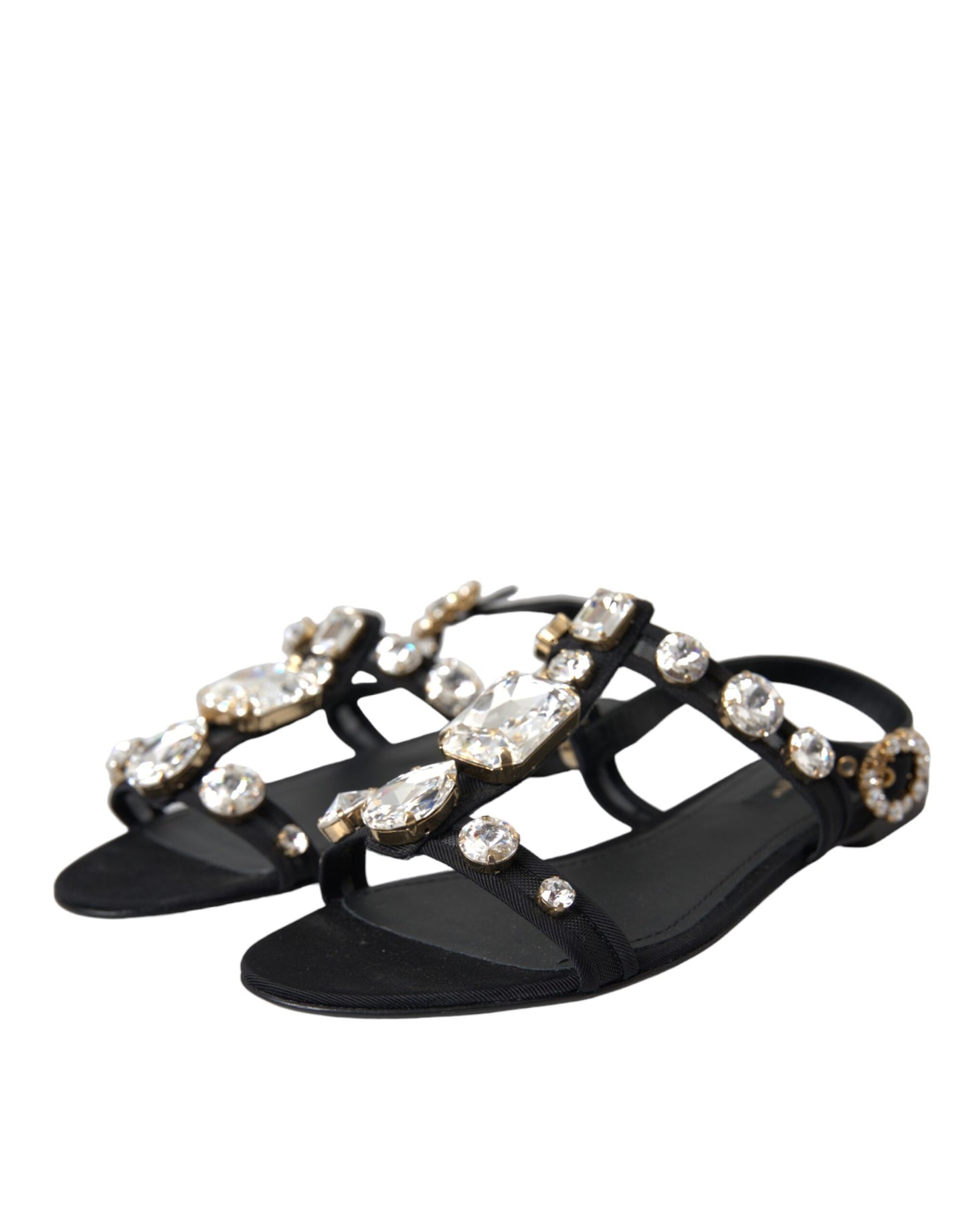 Dolce & Gabbana Schwarzes Leder Kristall Flats Sandalen Schuhe