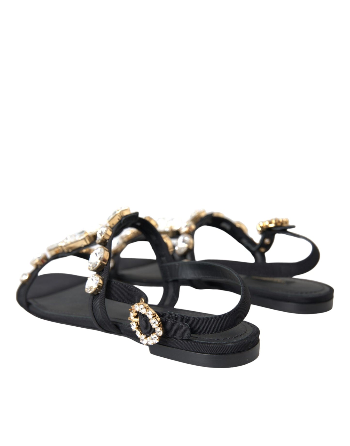 Dolce & Gabbana Schwarzes Leder Kristall Flats Sandalen Schuhe