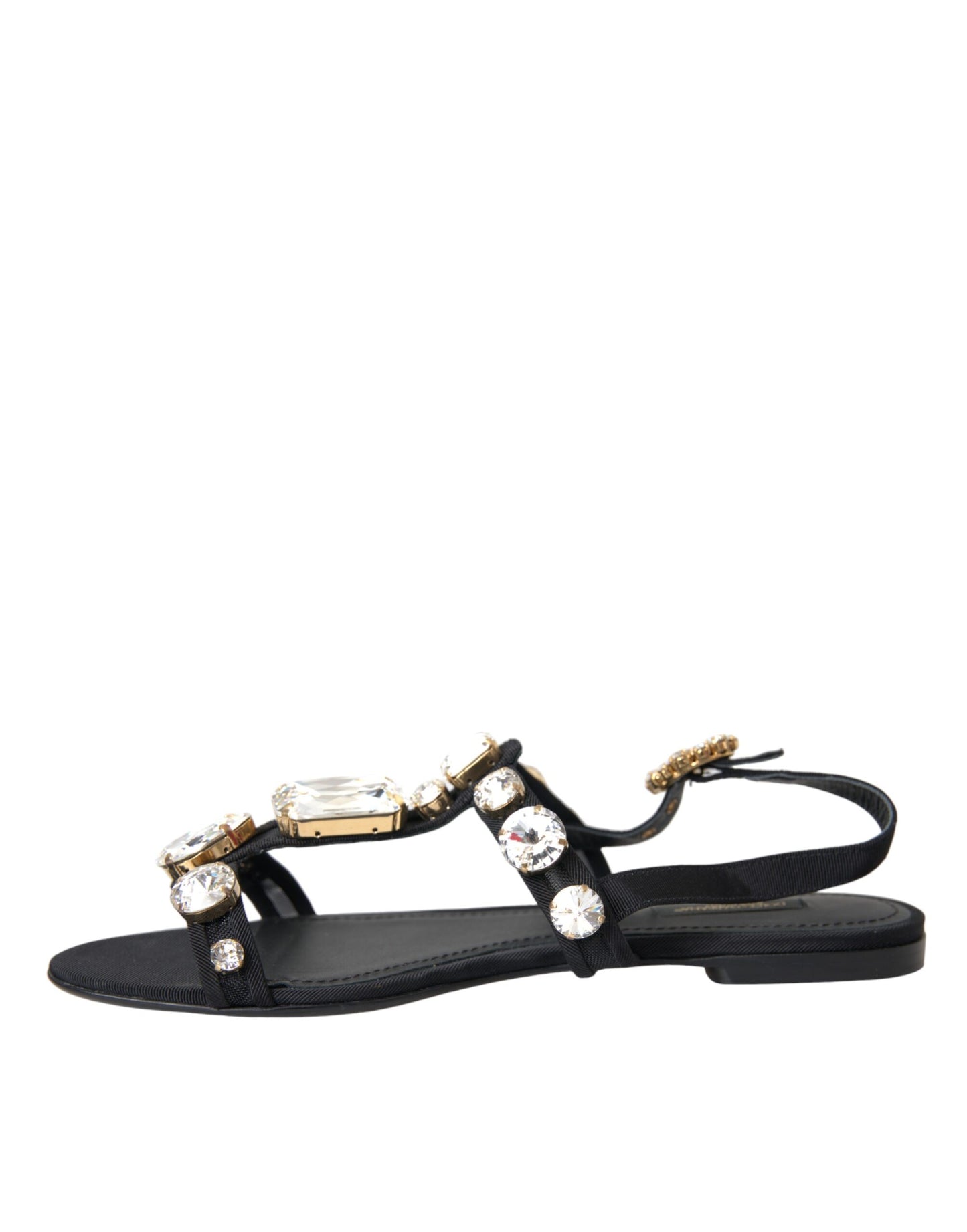 Dolce & Gabbana Schwarzes Leder Kristall Flats Sandalen Schuhe