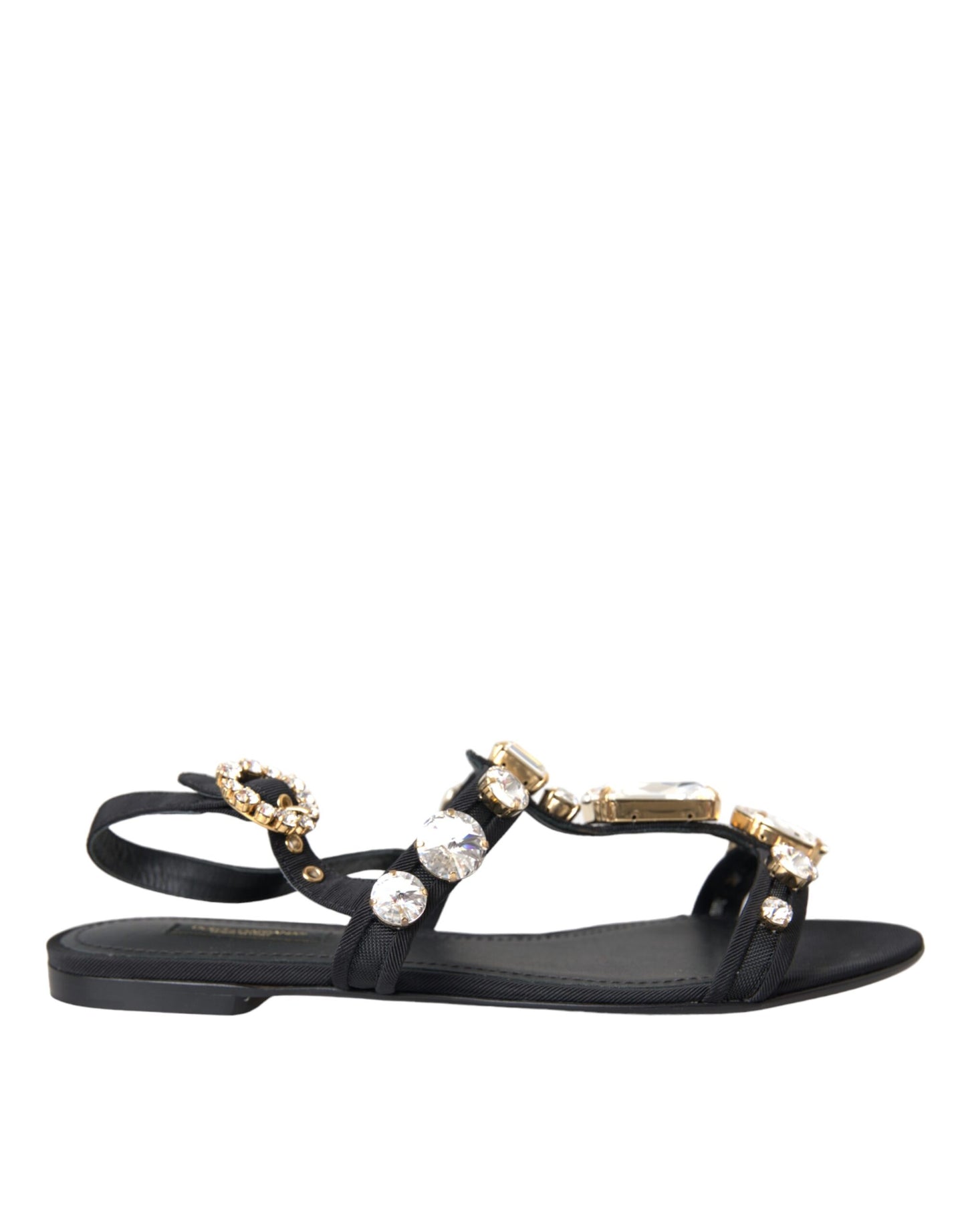 Dolce & Gabbana Schwarzes Leder Kristall Flats Sandalen Schuhe