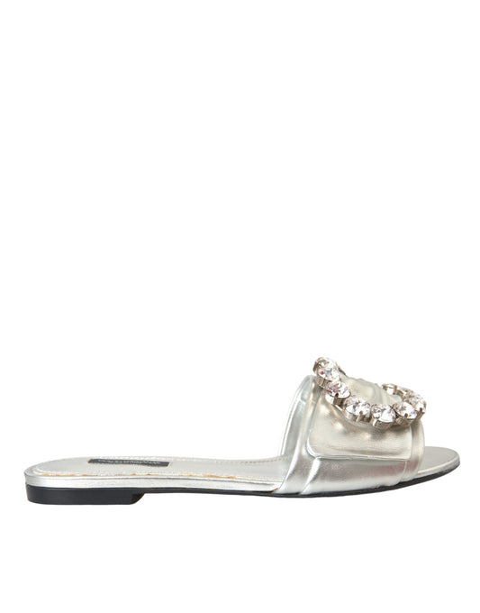 Dolce & Gabbana Silber Kristall Leder Flats Sandalen Schuhe