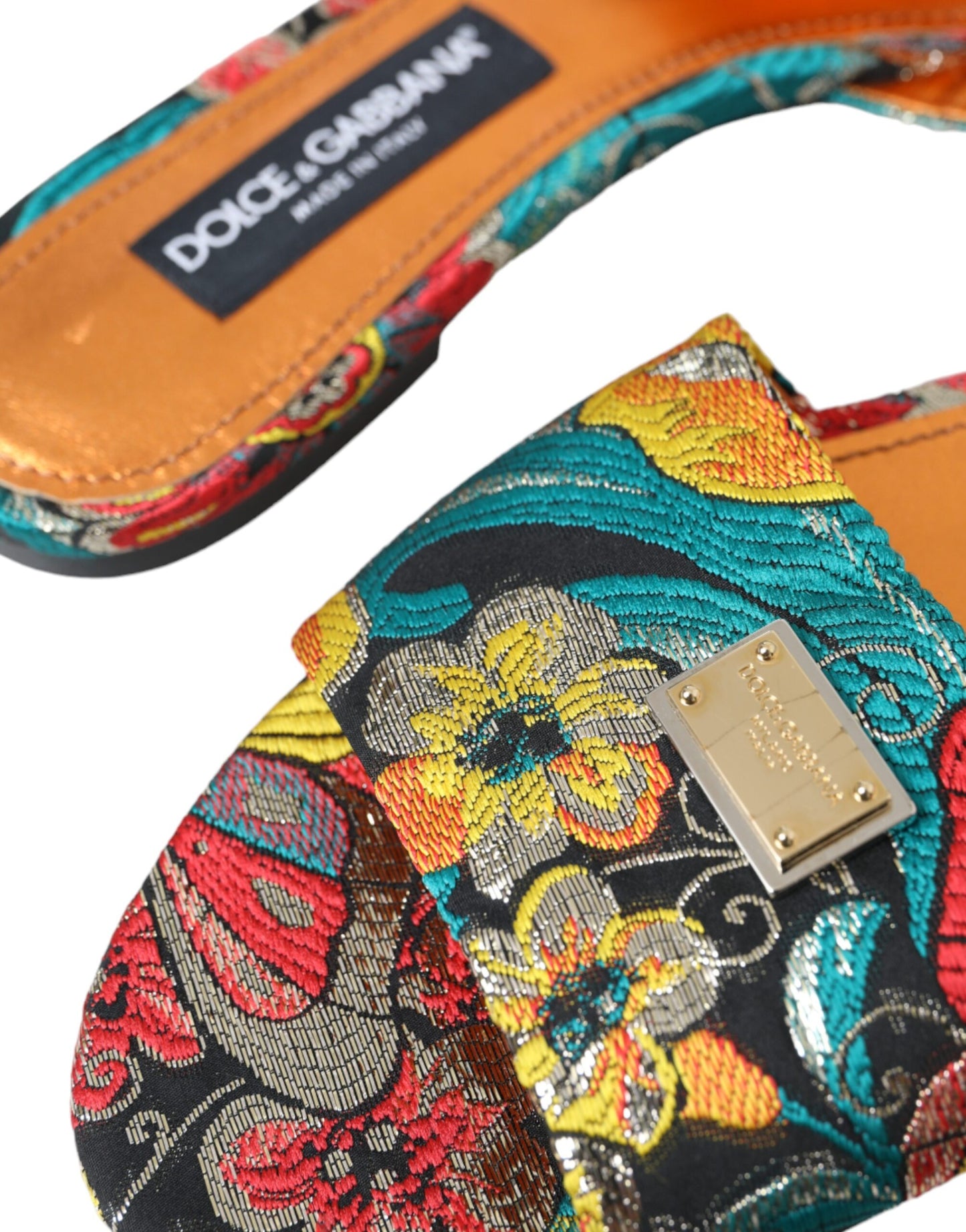 Dolce & Gabbana Multicolor Floral Brokat Logo Flats Sandalen Schuhe