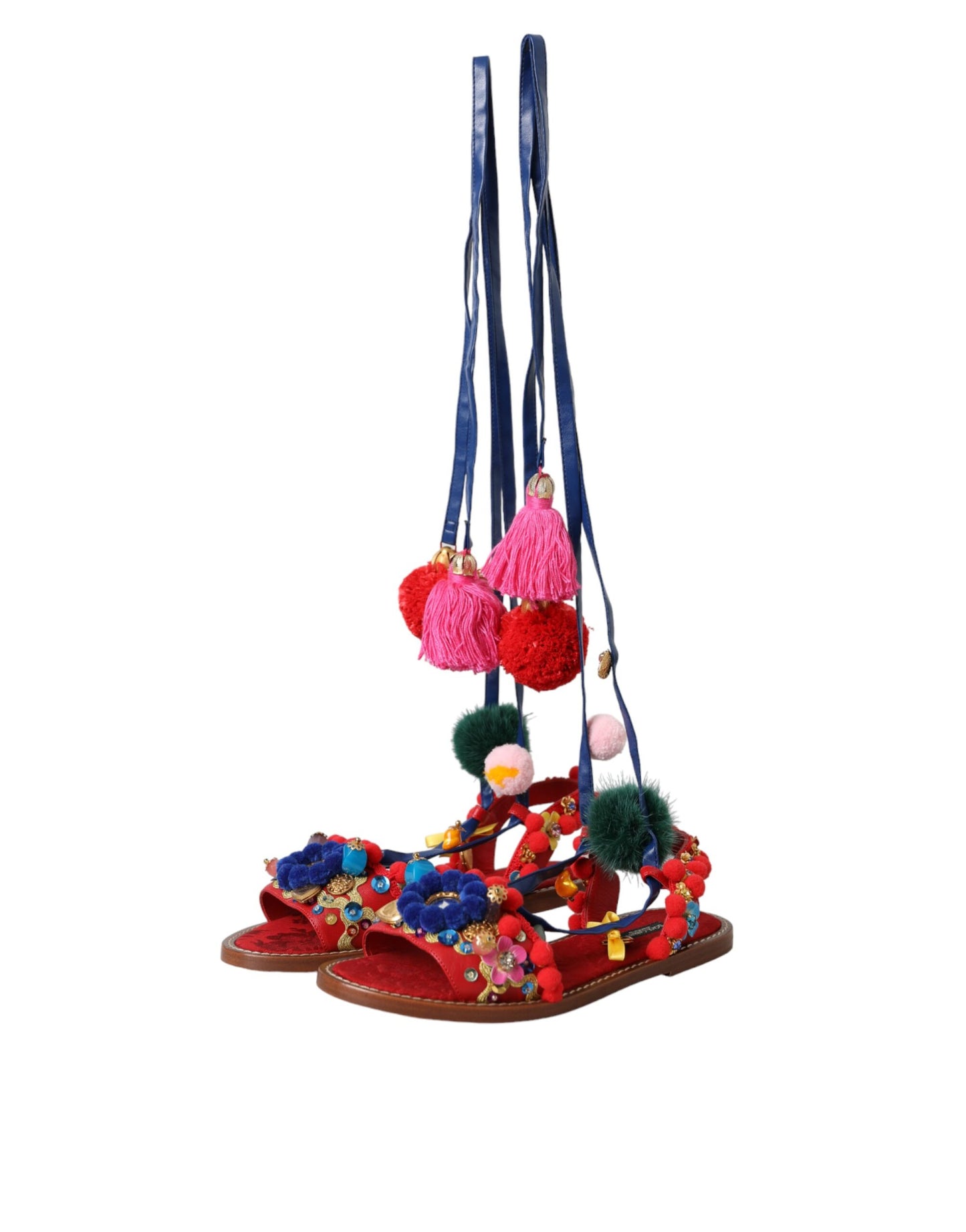 Dolce & Gabbana Multicolor Pom Pom Pelz Wrap Sandalen Schuhe