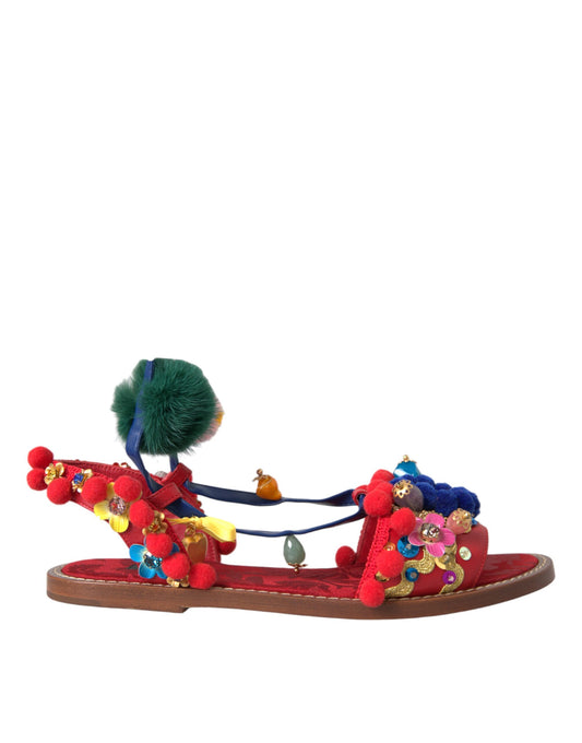 Dolce & Gabbana Multicolor Pom Pom Pelz Wrap Sandalen Schuhe