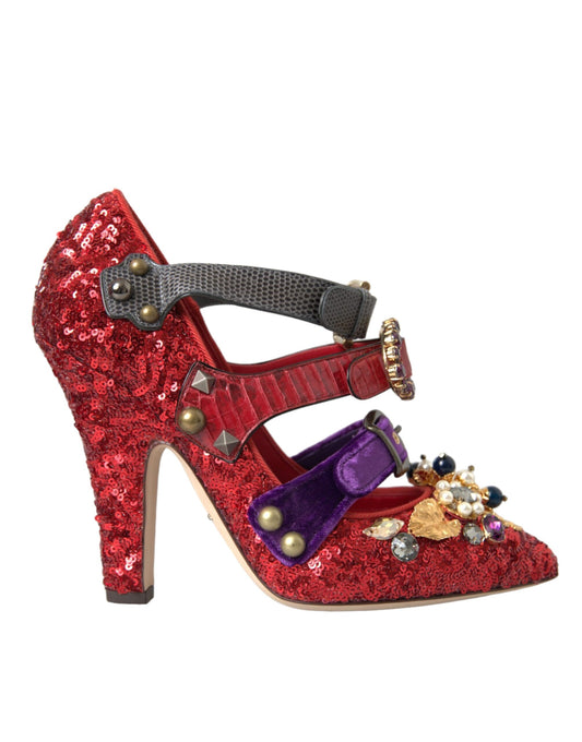 Dolce & Gabbana Rote paillettenbesetzte Kristall Mary Janes Pumps Schuhe