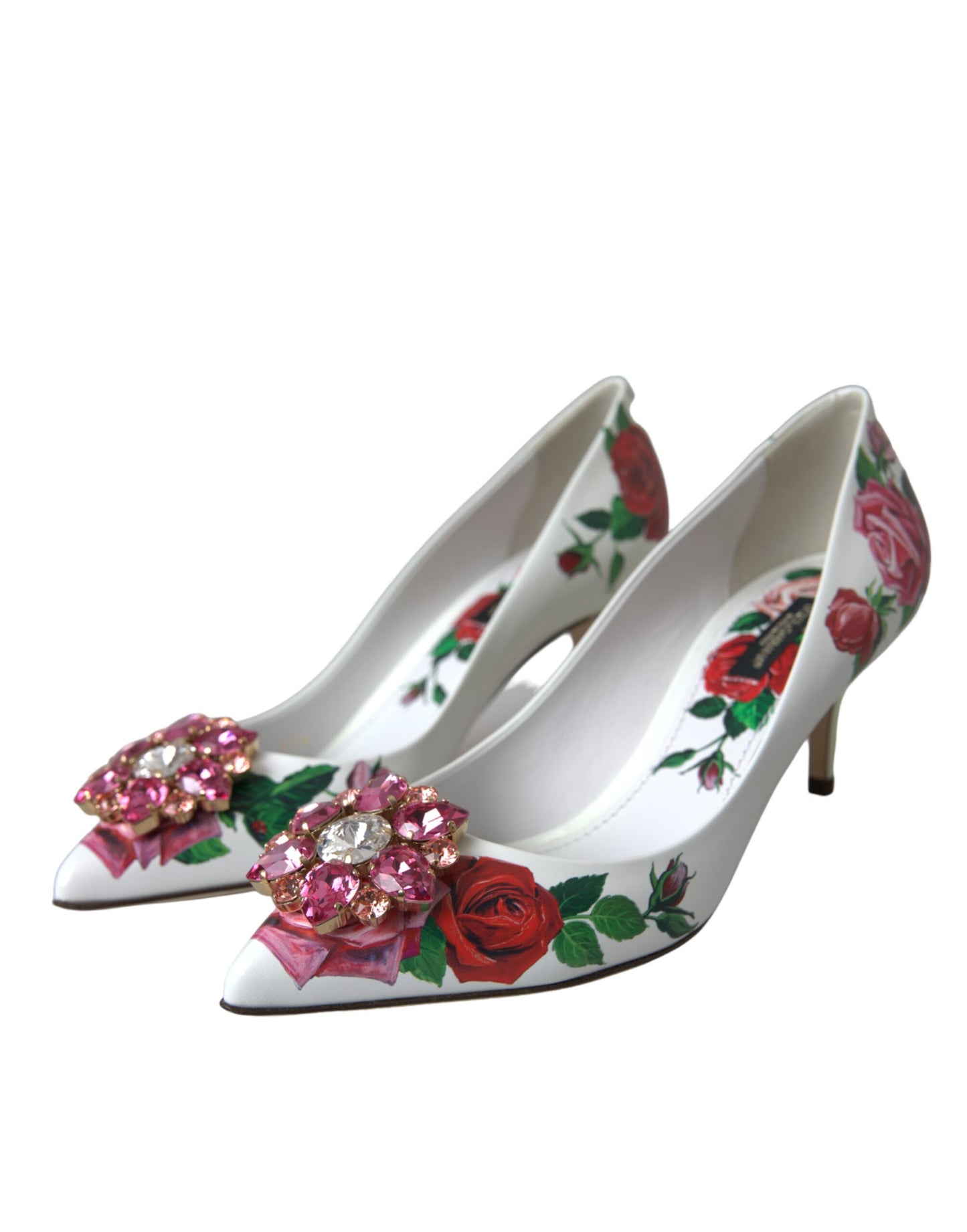 Dolce & Gabbana Weißes Leder Rosen Kristall Bellucci Pumps Schuhe