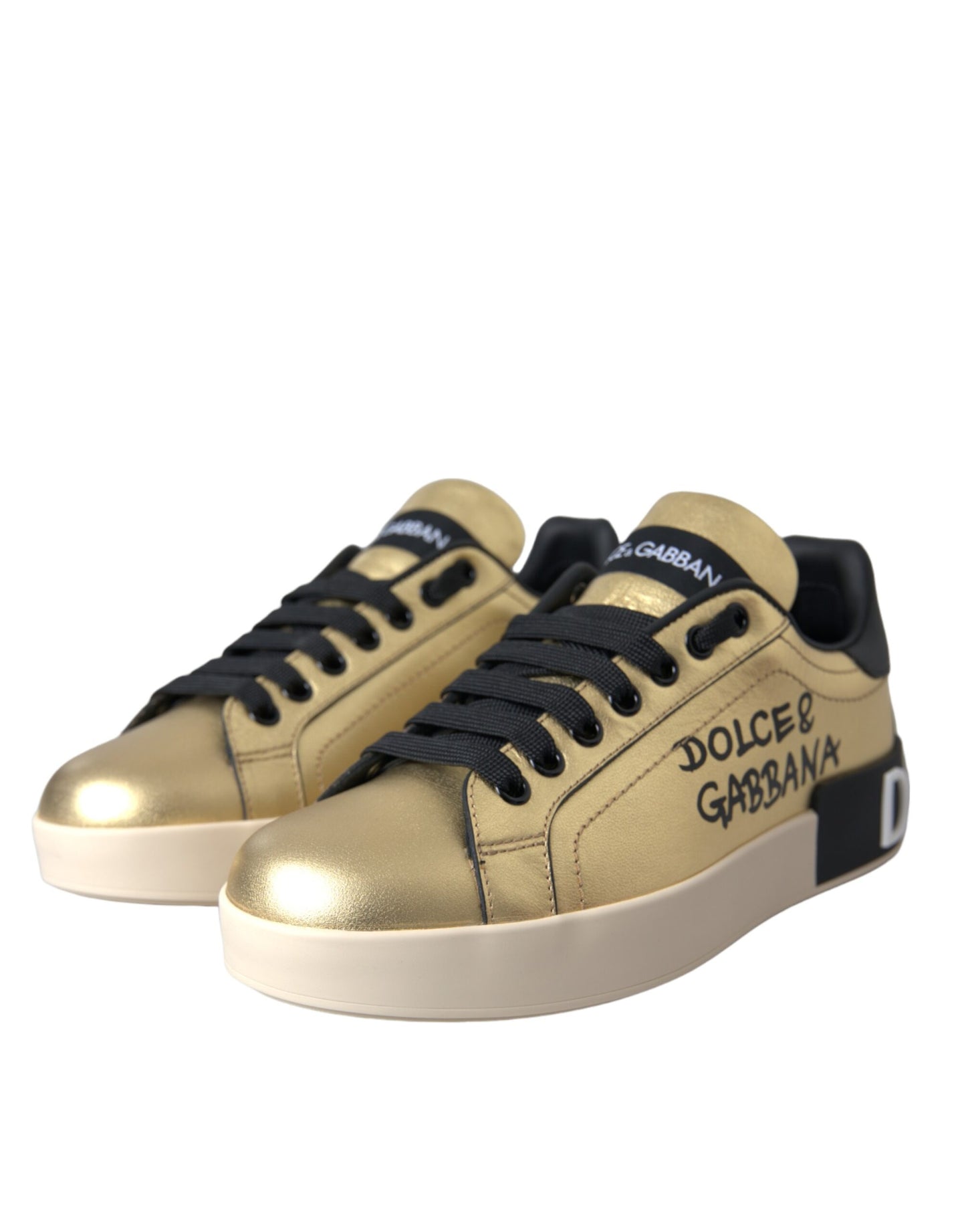 Dolce & Gabbana Gold Portofino Kalbsleder Sneakers Frauen Schuhe