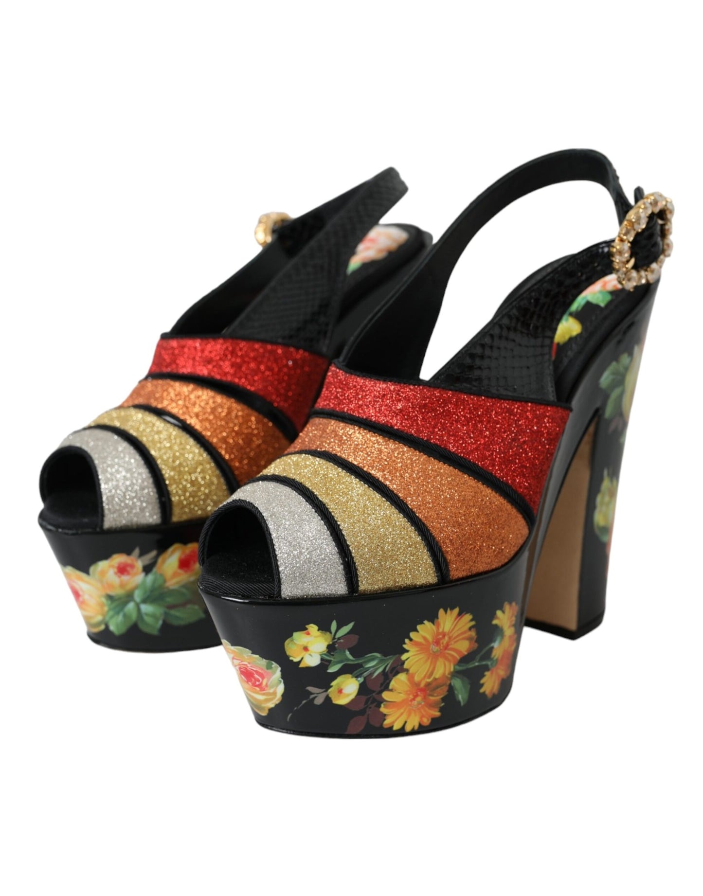 Dolce & Gabbana Multicolor Floral Kristall Plateau Sandalen Schuhe