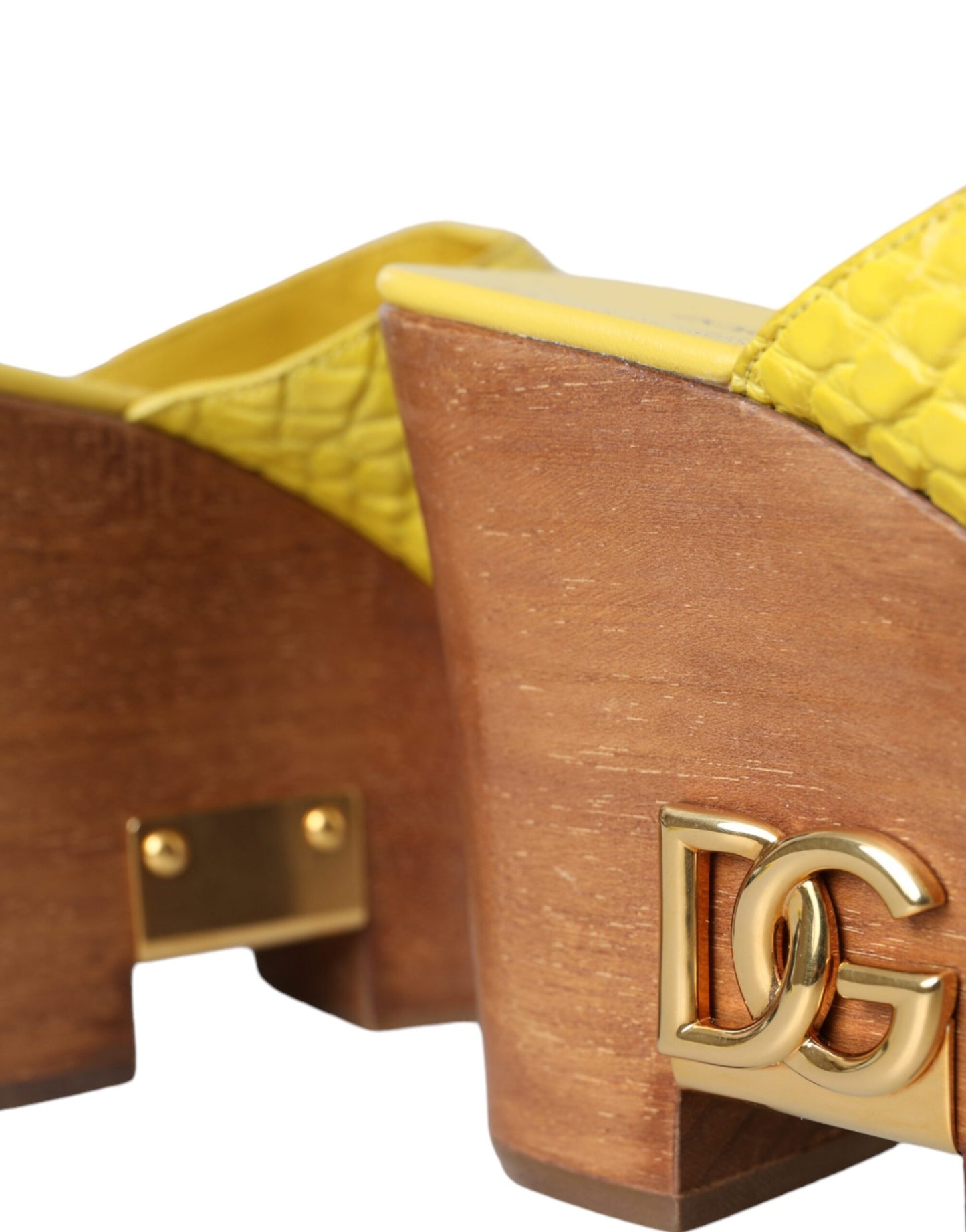 Dolce & Gabbana Gelbe Leder Holz Pantoffel Keil Rutschen Schuhe